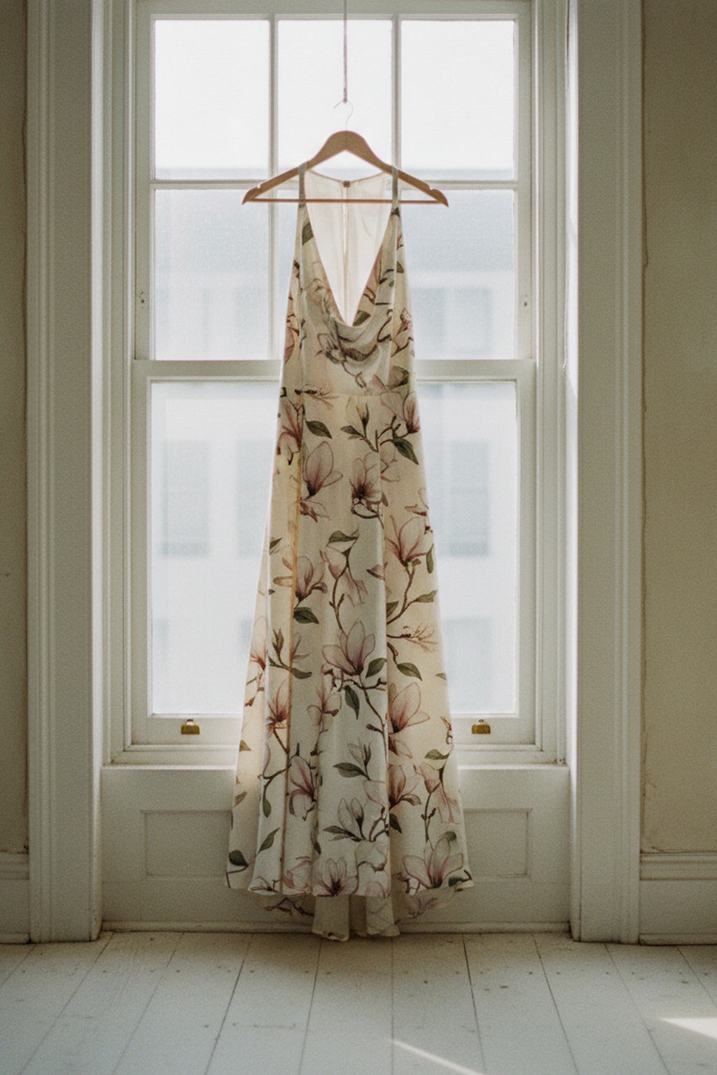 Cottage Goth Magnolia Halterneck Dress — on-model editorial in a moody setting — ethereal silk chiffon — Hoboken atelier