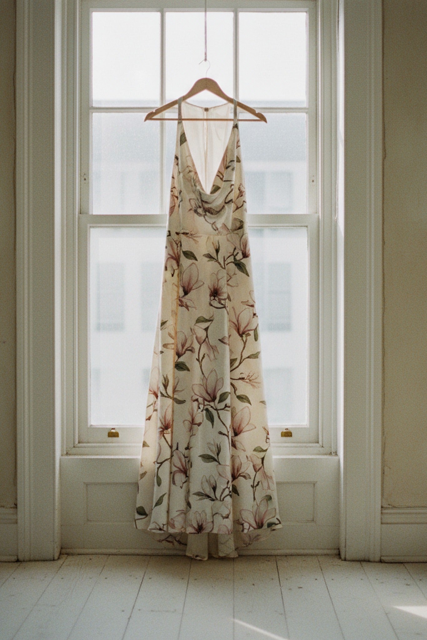 Cottage Goth Magnolia Halterneck Dress — on-model editorial in a moody setting — ethereal silk chiffon — Hoboken atelier