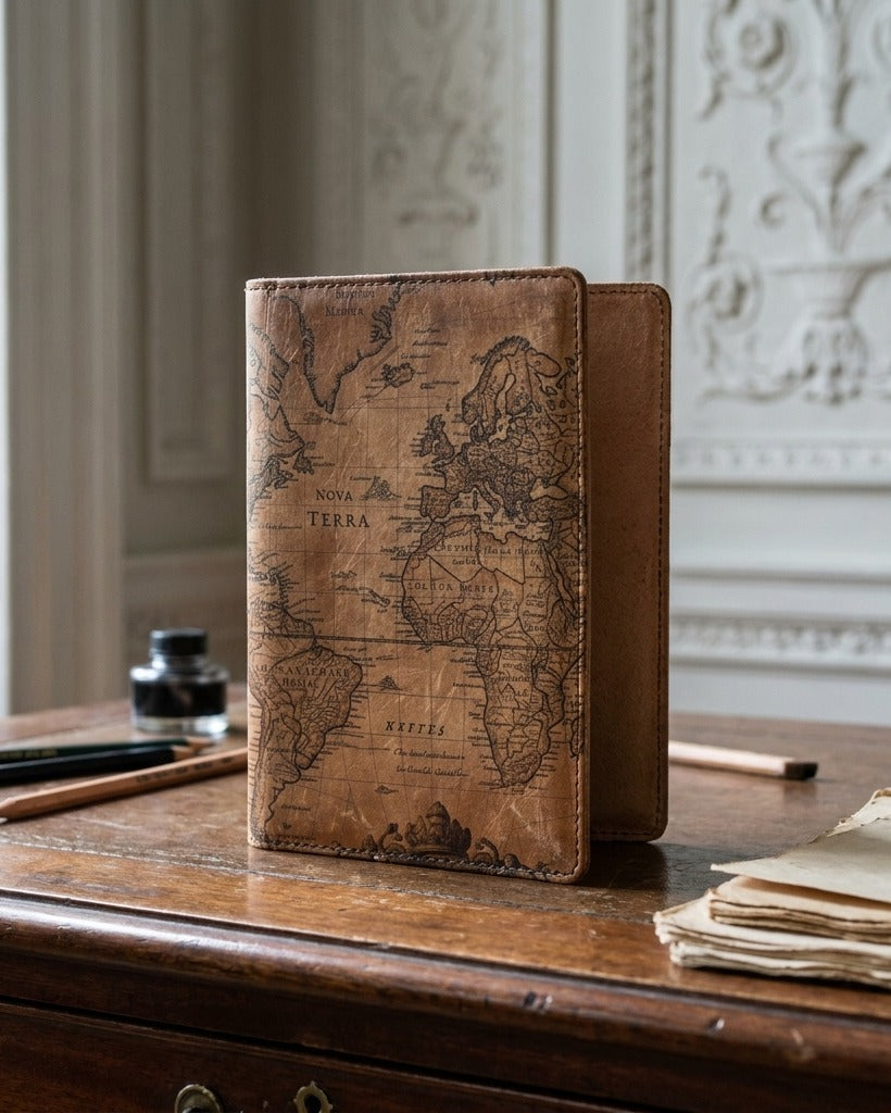 Carnet Mappemonde Mercator — macro detail of Mercator map print — Italian nappa leather — Hoboken atelier