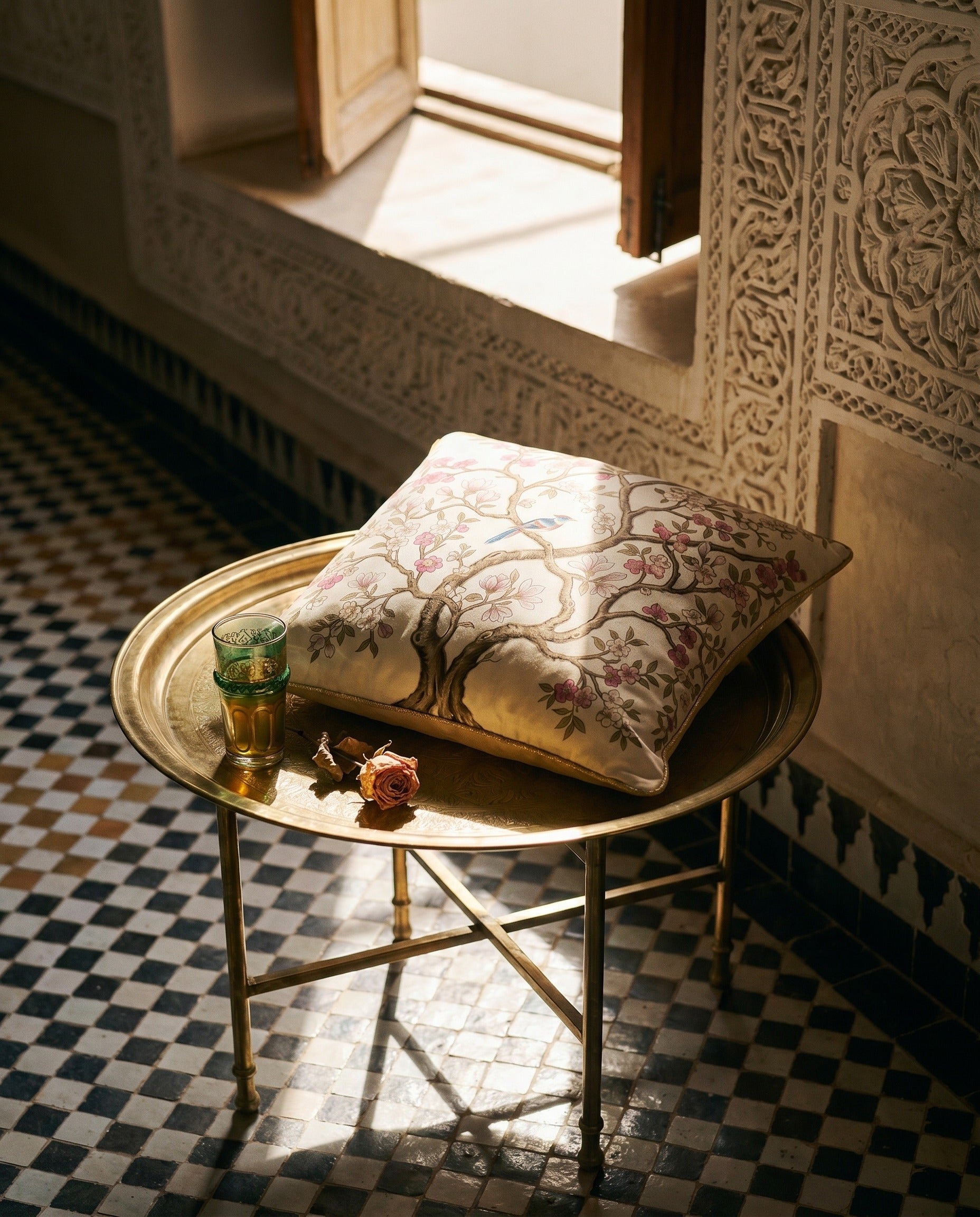 Coussin Chinoiserie — macro fabric detail showing print texture — lush silk charmeuse — Hoboken atelier