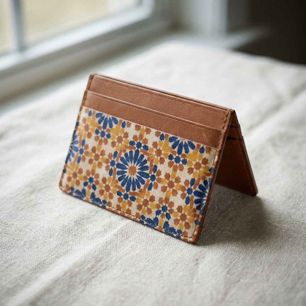 Carte Zellij Marrakech — macro detail of Zellij geometric pattern on leather — Italian nappa leather — Hoboken atelier