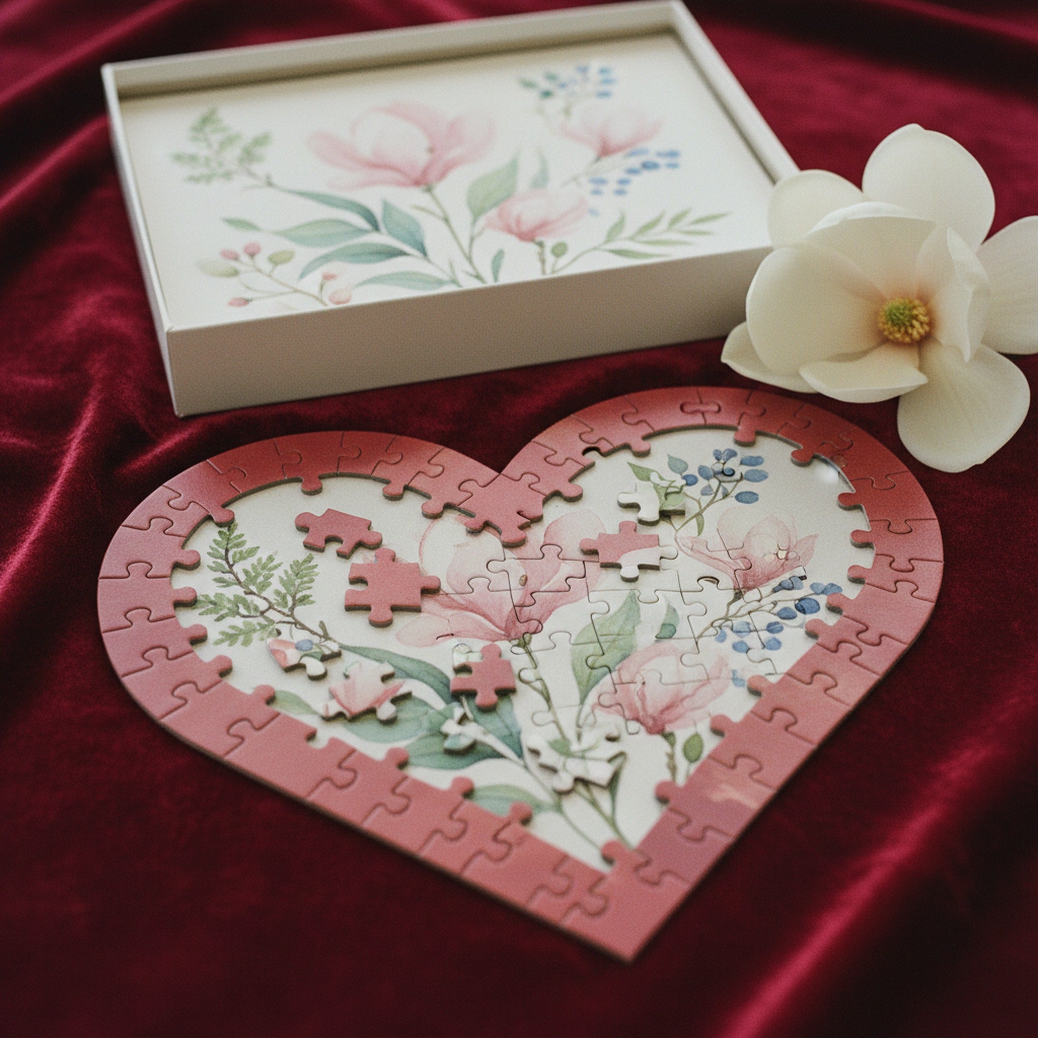 Heart Jigsaw Puzzle Watercolor Botanical Heart Scatter · editorial study v2 · Creo Fleur Atelier