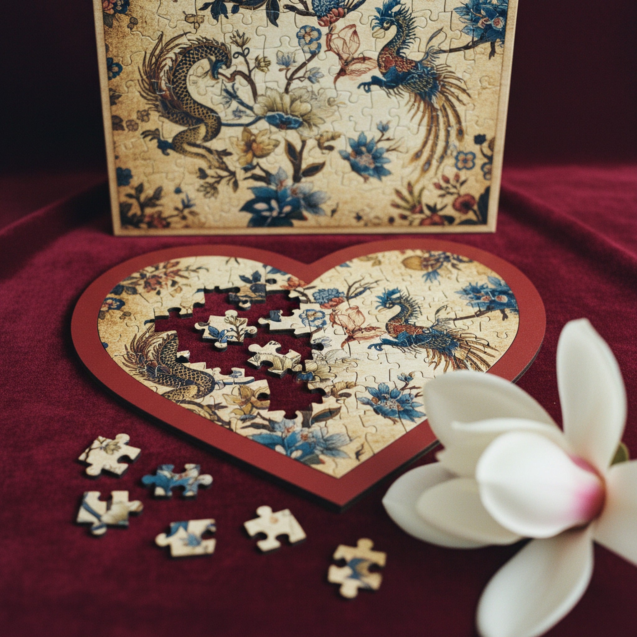 Heart Jigsaw Puzzle Chinoiserie Floral Heart · editorial study v2 · Creo Fleur Atelier