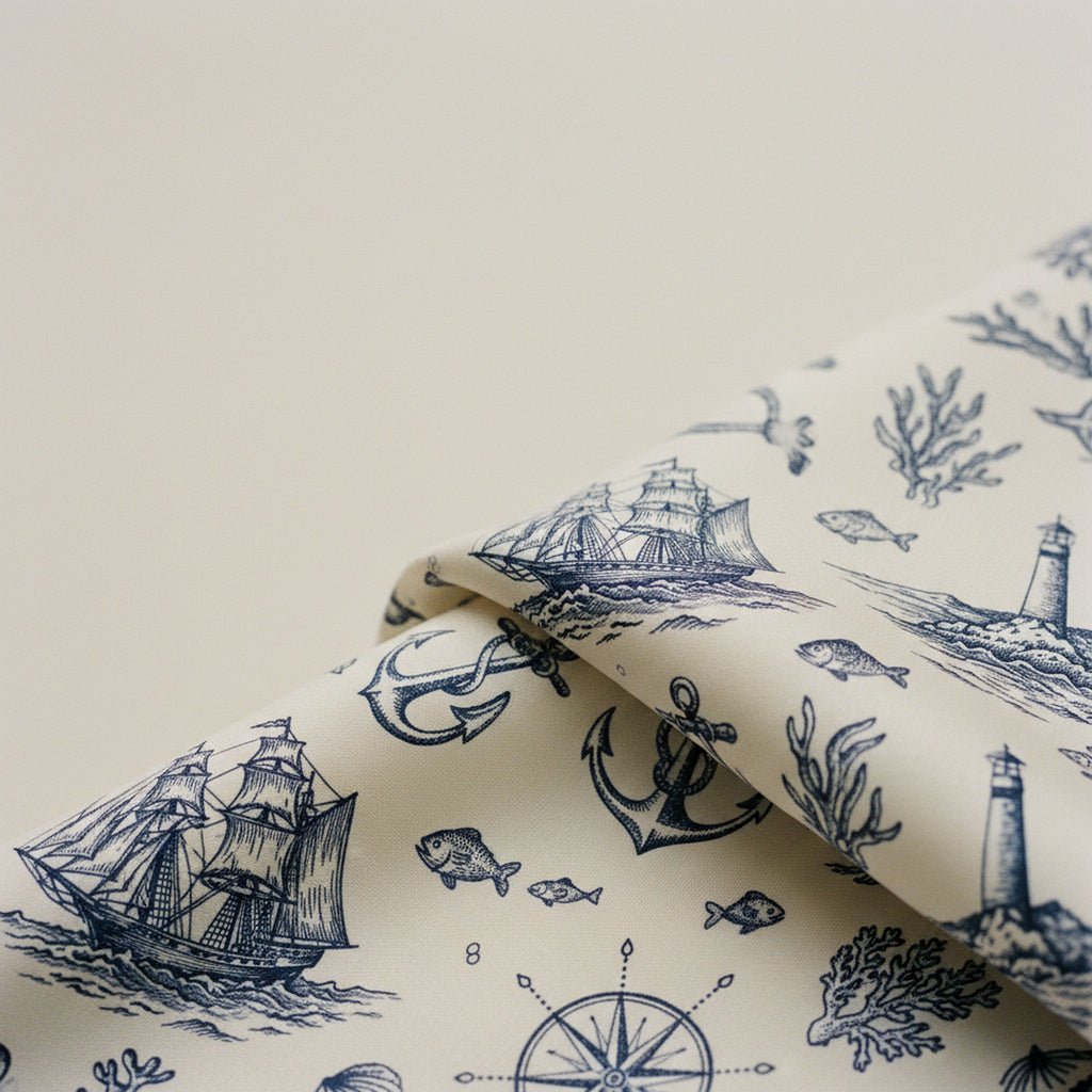 Maritime Toile Marine Silk Sarong — on-model editorial in marine blue — fluid silk twill — Hoboken atelier