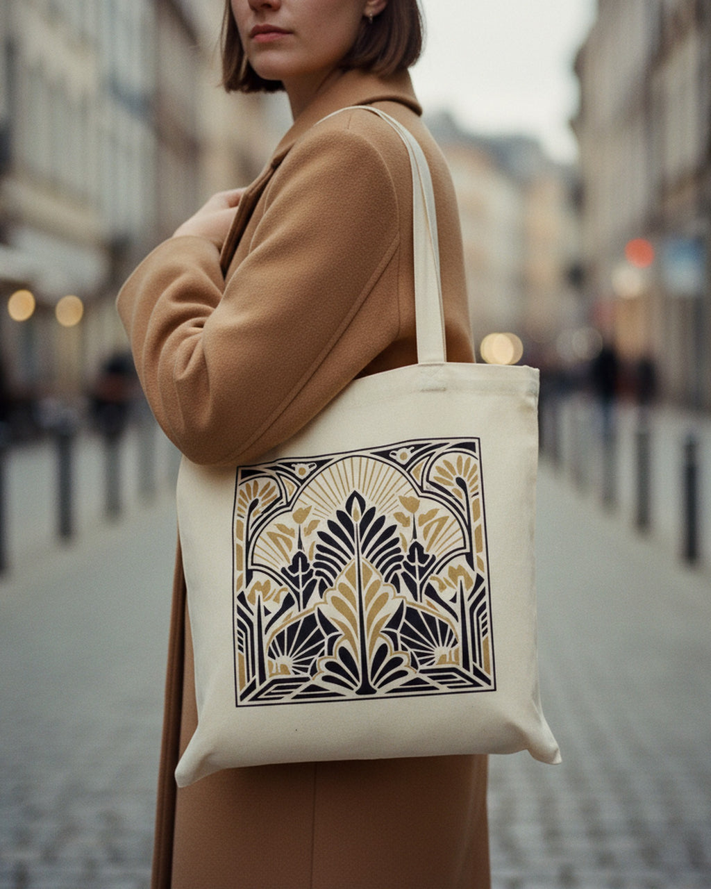 Tote Bag — Art Deco Botanical Garden — on-model editorial in a garden — durable cotton linen — Hoboken atelier
