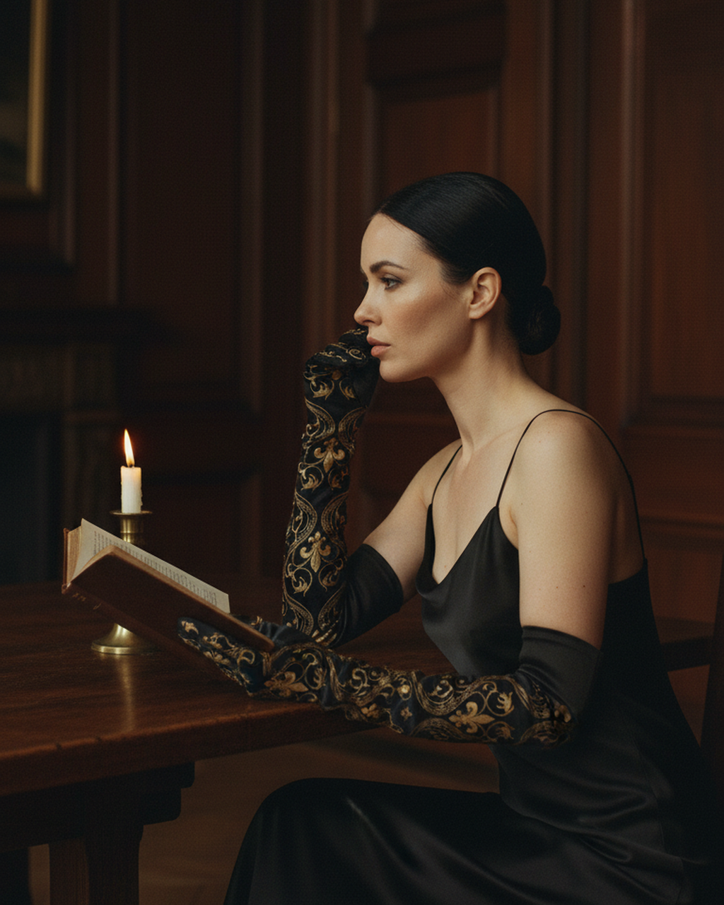 Aristocrate Noir Opera Gloves — drape in motion on dark — flowing silk chiffon fabric — Hoboken atelier