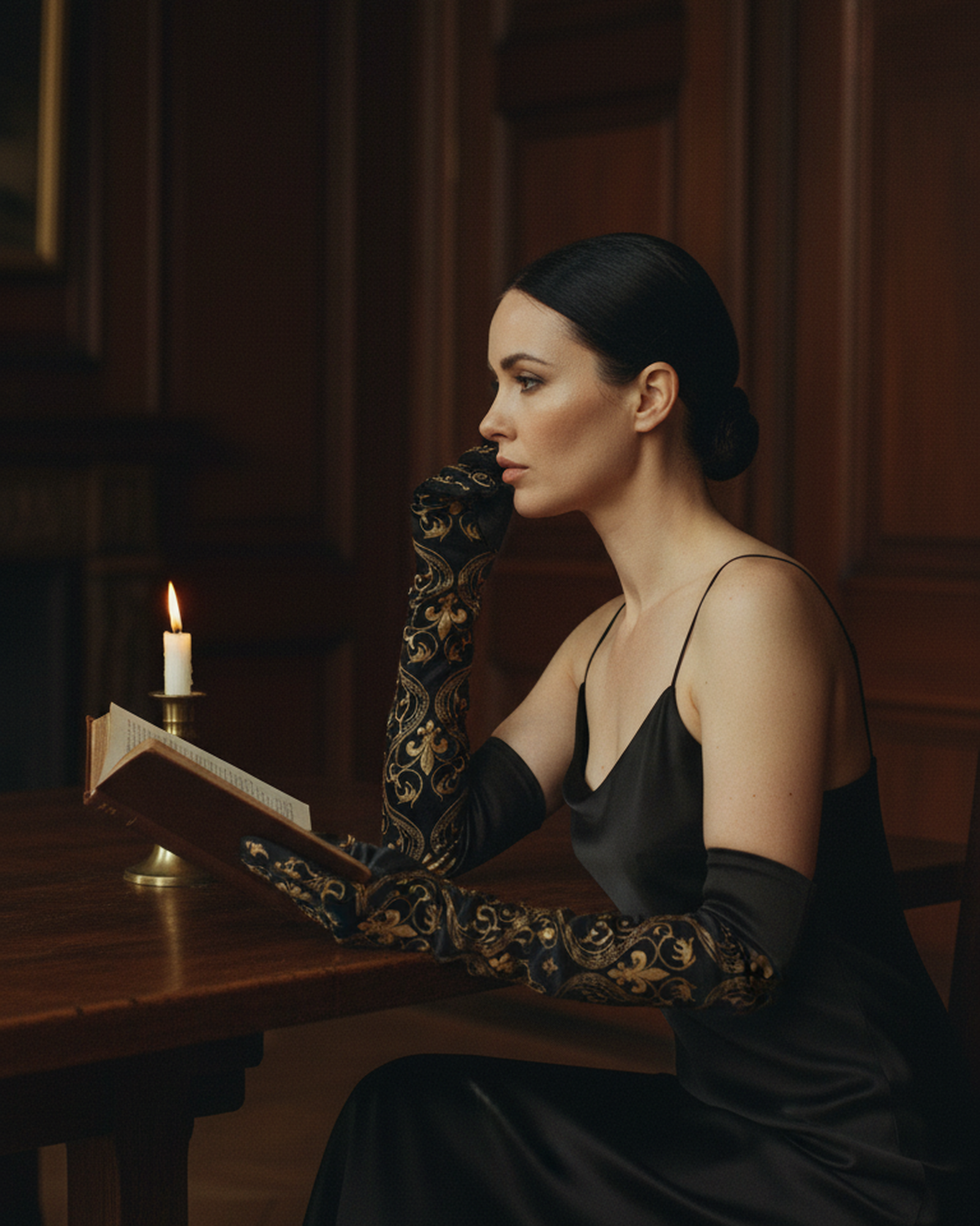 Aristocrate Noir Opera Gloves — drape in motion on dark — flowing silk chiffon fabric — Hoboken atelier