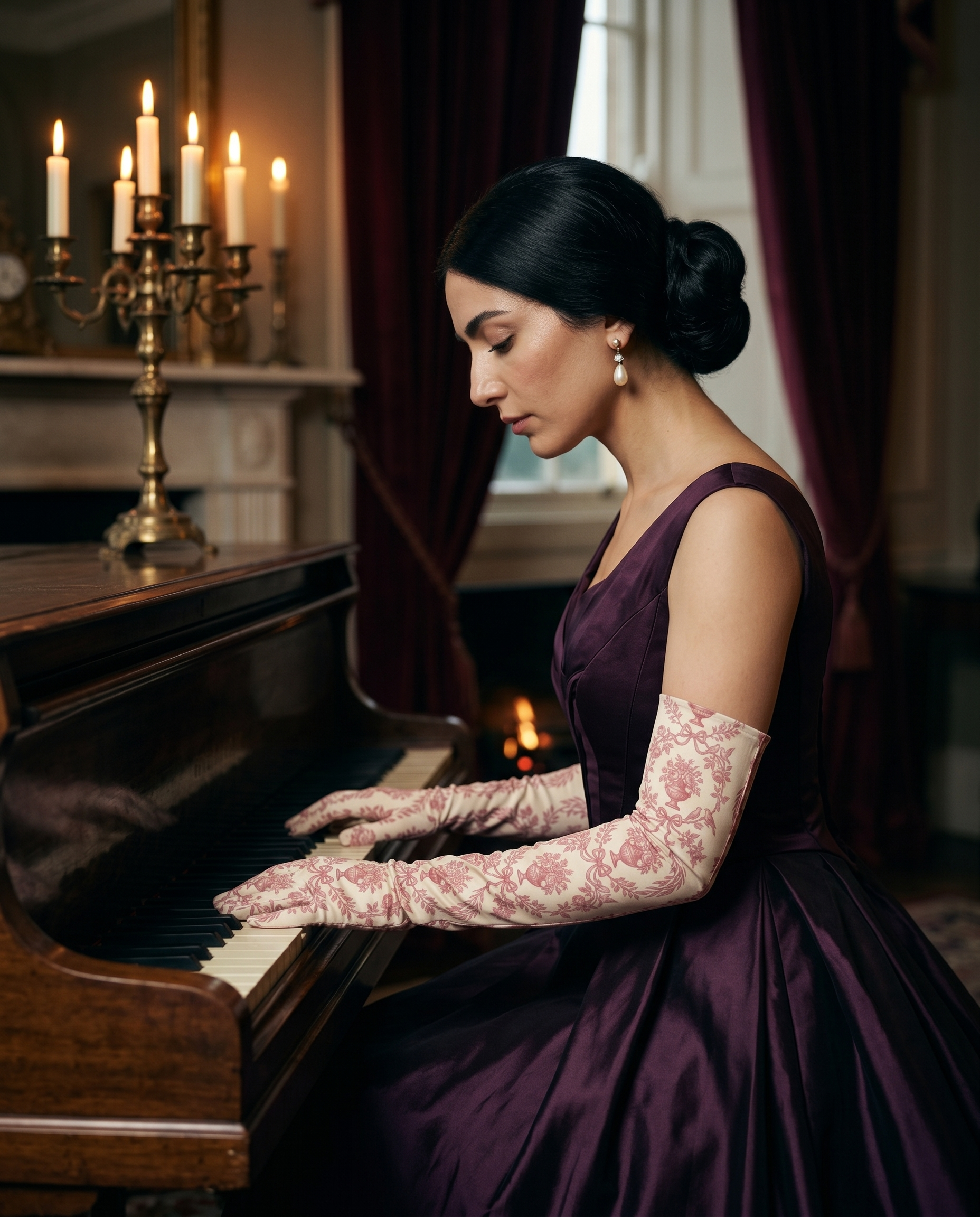 Ballroom Toile Opera Gloves — drape in motion on an evening gown — flowing silk twill — Hoboken atelier
