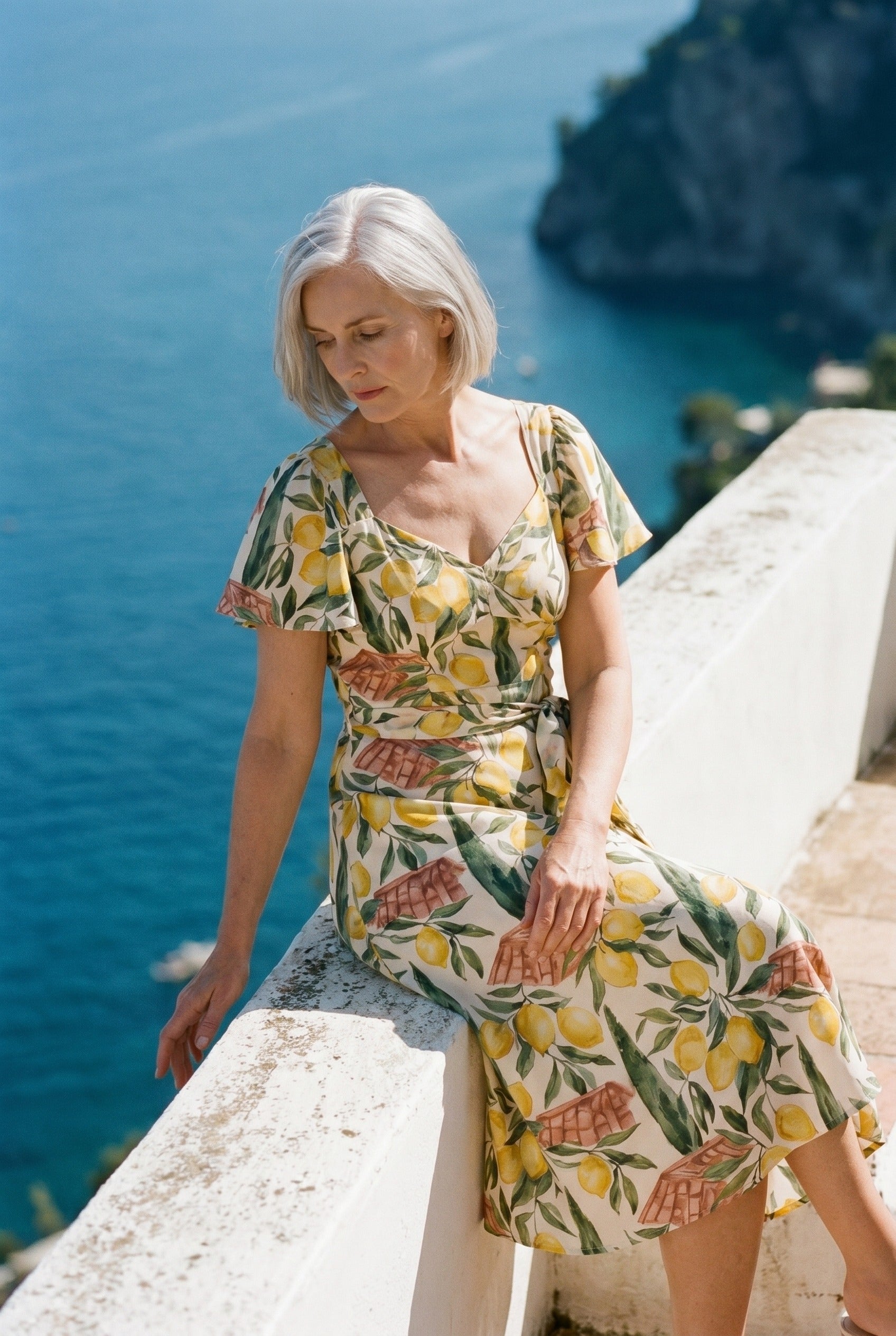 La Côte d'Azur — Lemon-Grove Tea Dress — on-model editorial in sun — flowing silk charmeuse — Hoboken atelier