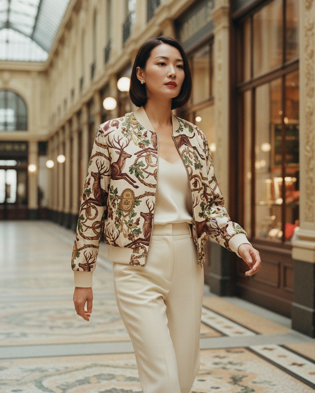 La Chasse Royale Reversible Silk Bomber Jacket — macro fabric detail on Paris arcade beige — luxurious silk charmeuse — Hoboken atelier