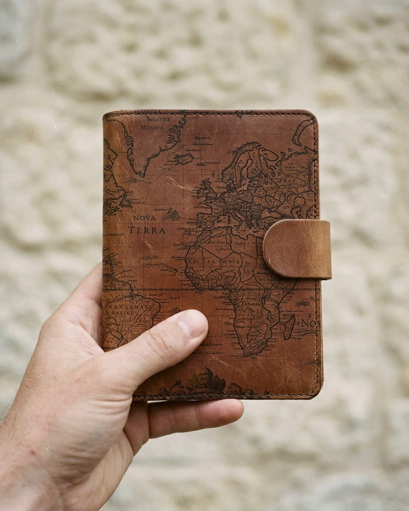 Carnet Mappemonde Mercator — on-model editorial in a bespoke setting — Italian nappa leather — Hoboken atelier