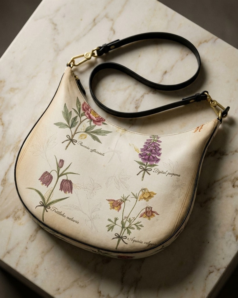 Le Demi-Lune in Herbier Royal — on-model editorial on beige — editorial design silk charmeuse handbag — Hoboken atelier