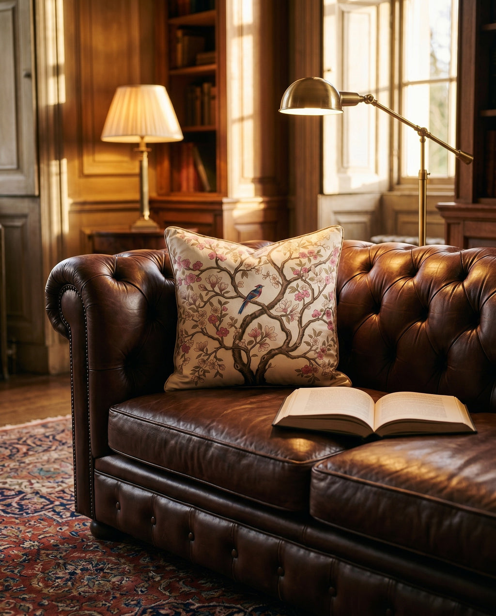 Coussin Chinoiserie — on-model editorial in a sunlit interior — vibrant silk twill — Hoboken atelier