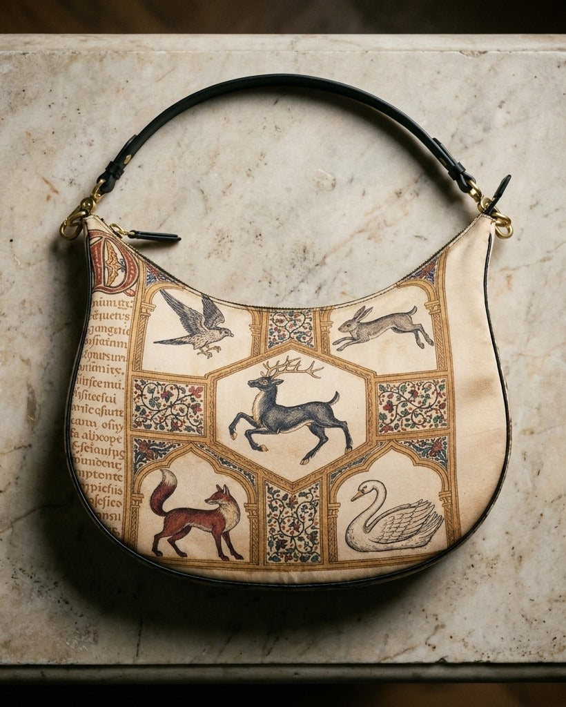 Le Demi-Lune in Le Bestiaire — on-model editorial in a gallery — Italian nappa leather — Hoboken atelier