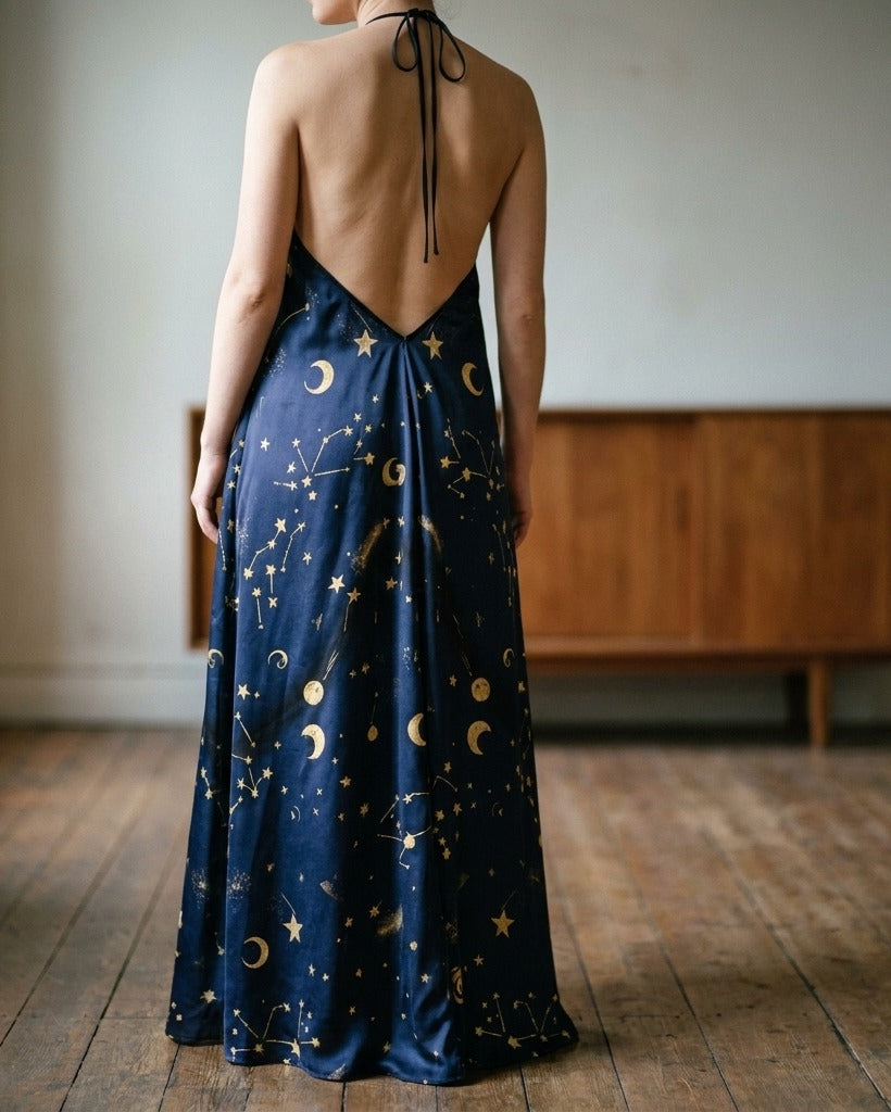 La Soirée — Constellation Reception Slip — on-model editorial in evening light — flowing silk charmeuse dress — Hoboken atelier