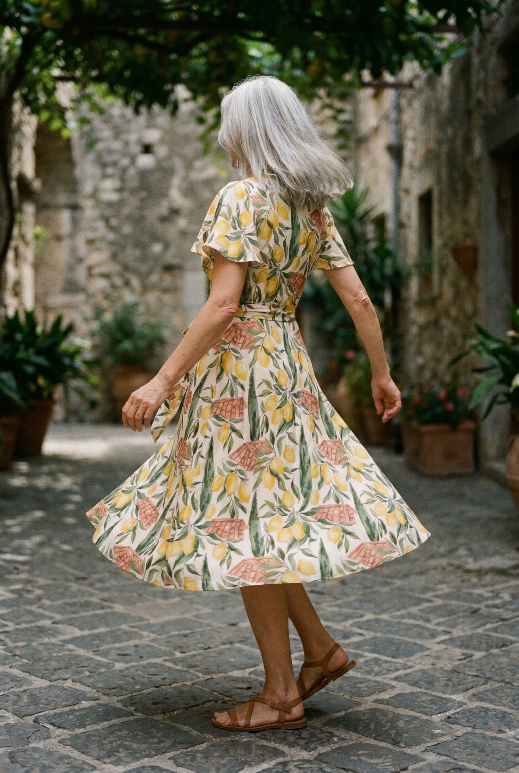 La Côte d'Azur — Lemon-Grove Tea Dress — reverse back view on soft white — draped silk satin — Hoboken atelier