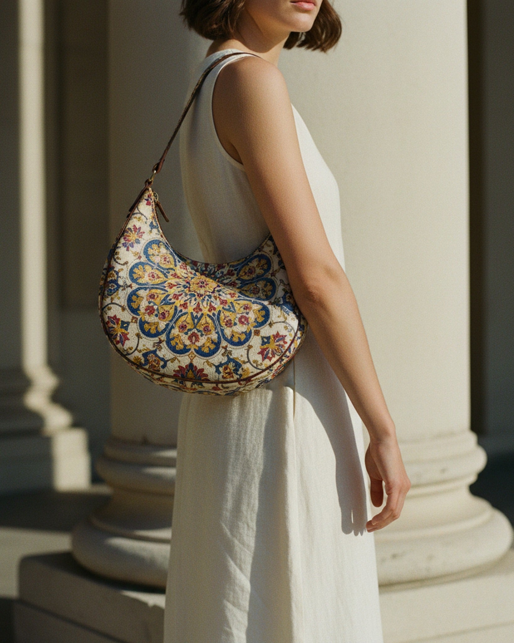 Le Demi-Lune in Le Jardin Persane — macro detail of floral silk print — silk charmeuse and smooth Italian leather — Hoboken atelier