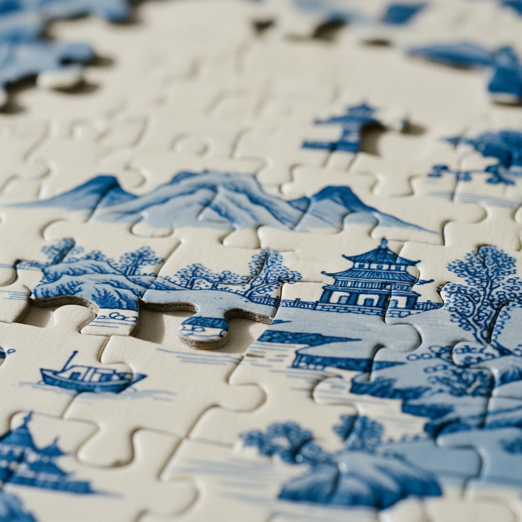 Jigsaw Puzzle Chinoiserie Blue White Landscape · editorial · Creo Fleur Atelier