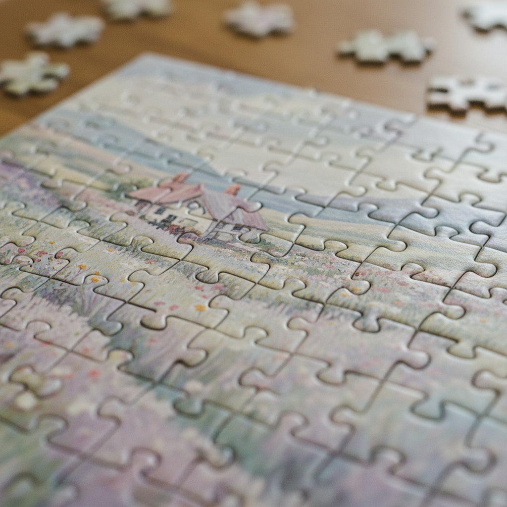 Jigsaw Puzzle Wildflower Meadow Cottage Scene · editorial · Creo Fleur Atelier