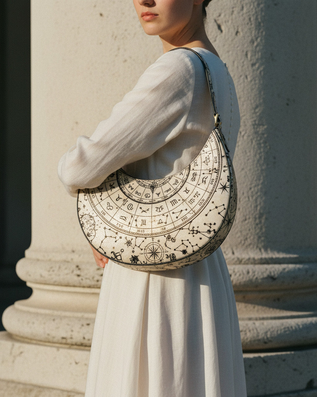 Le Demi-Lune in Codex Stellaire — on-model editorial in a chic setting — supple Italian nappa leather — Hoboken atelier