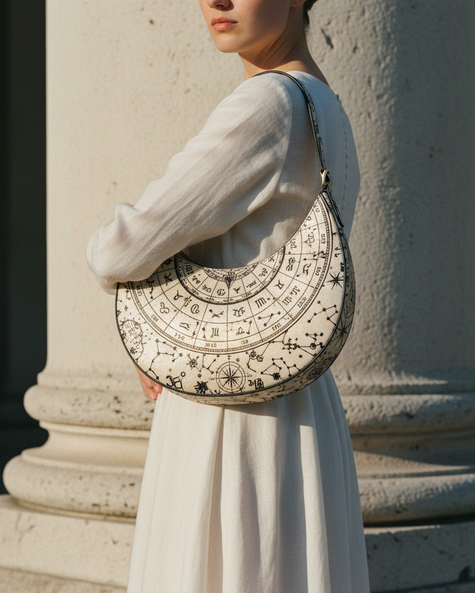 Le Demi-Lune in Codex Stellaire — on-model editorial in a chic setting — supple Italian nappa leather — Hoboken atelier