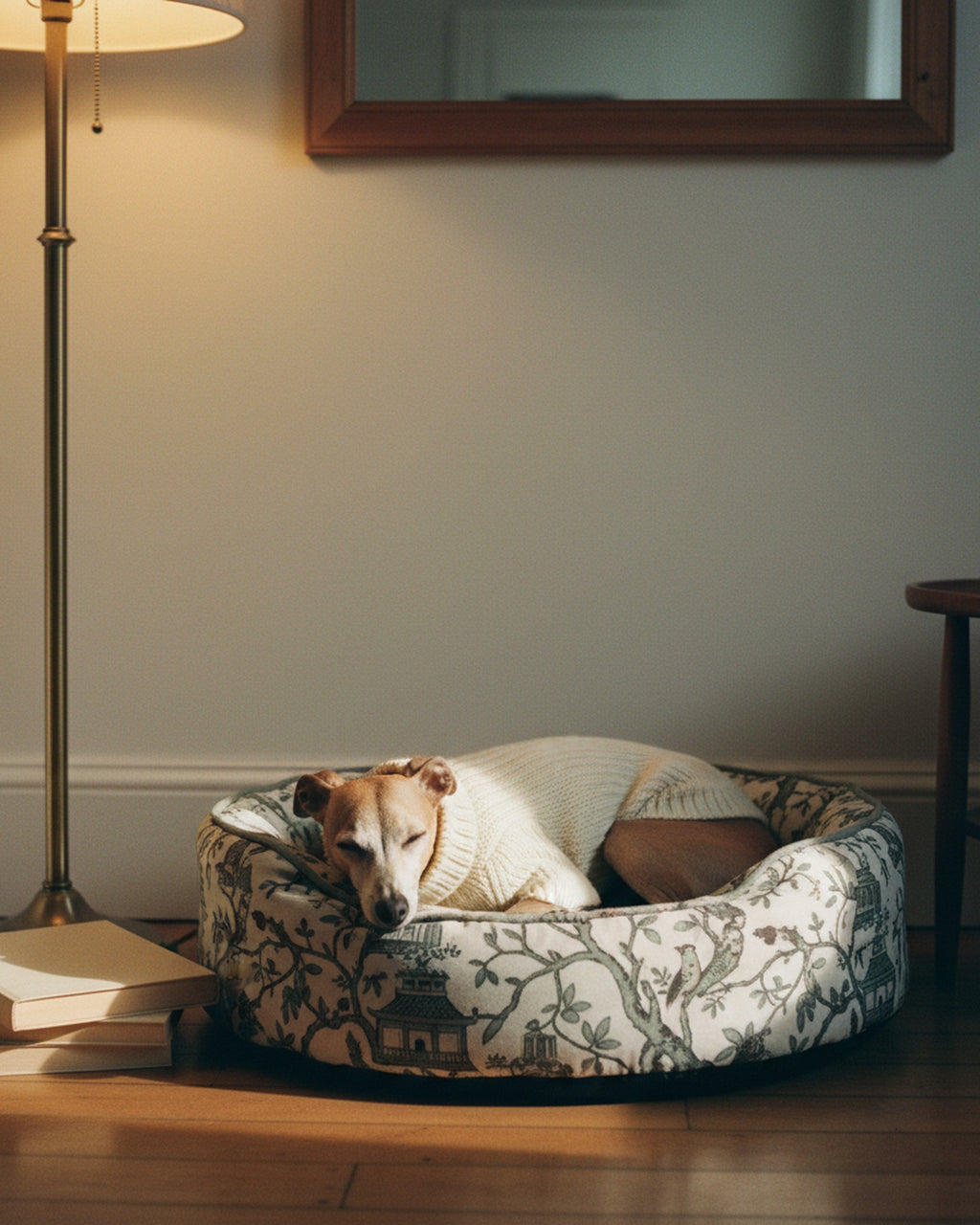 Dog Bed Charcoal Sage Chinoiserie · editorial · Creo Fleur Atelier