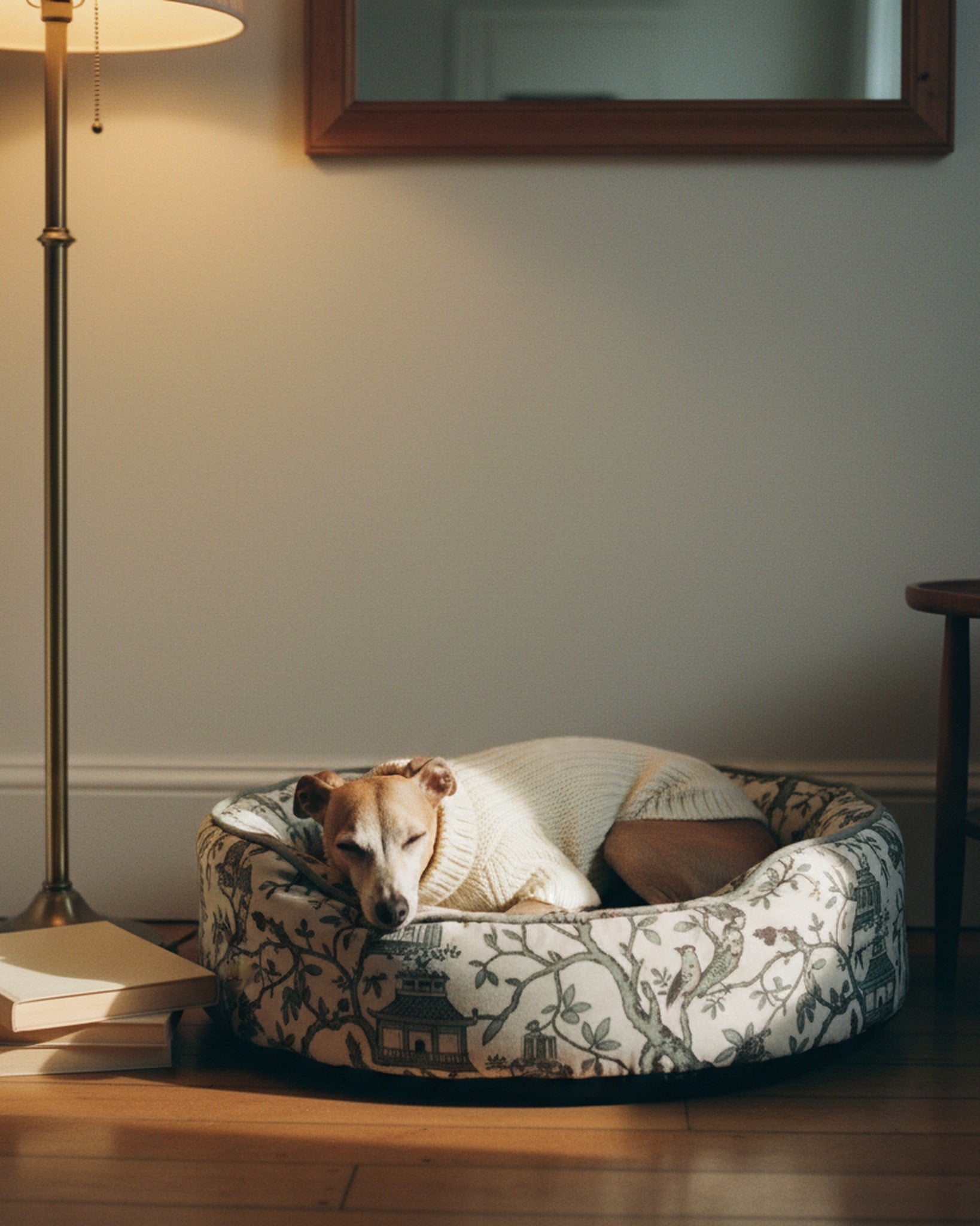 Dog Bed Charcoal Sage Chinoiserie · editorial · Creo Fleur Atelier