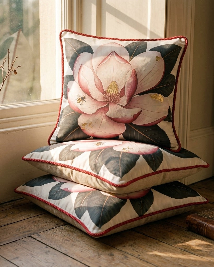 Coussin Magnolia — On-model editorial with soft light — Editorial silk satin with floral design — Hoboken atelier