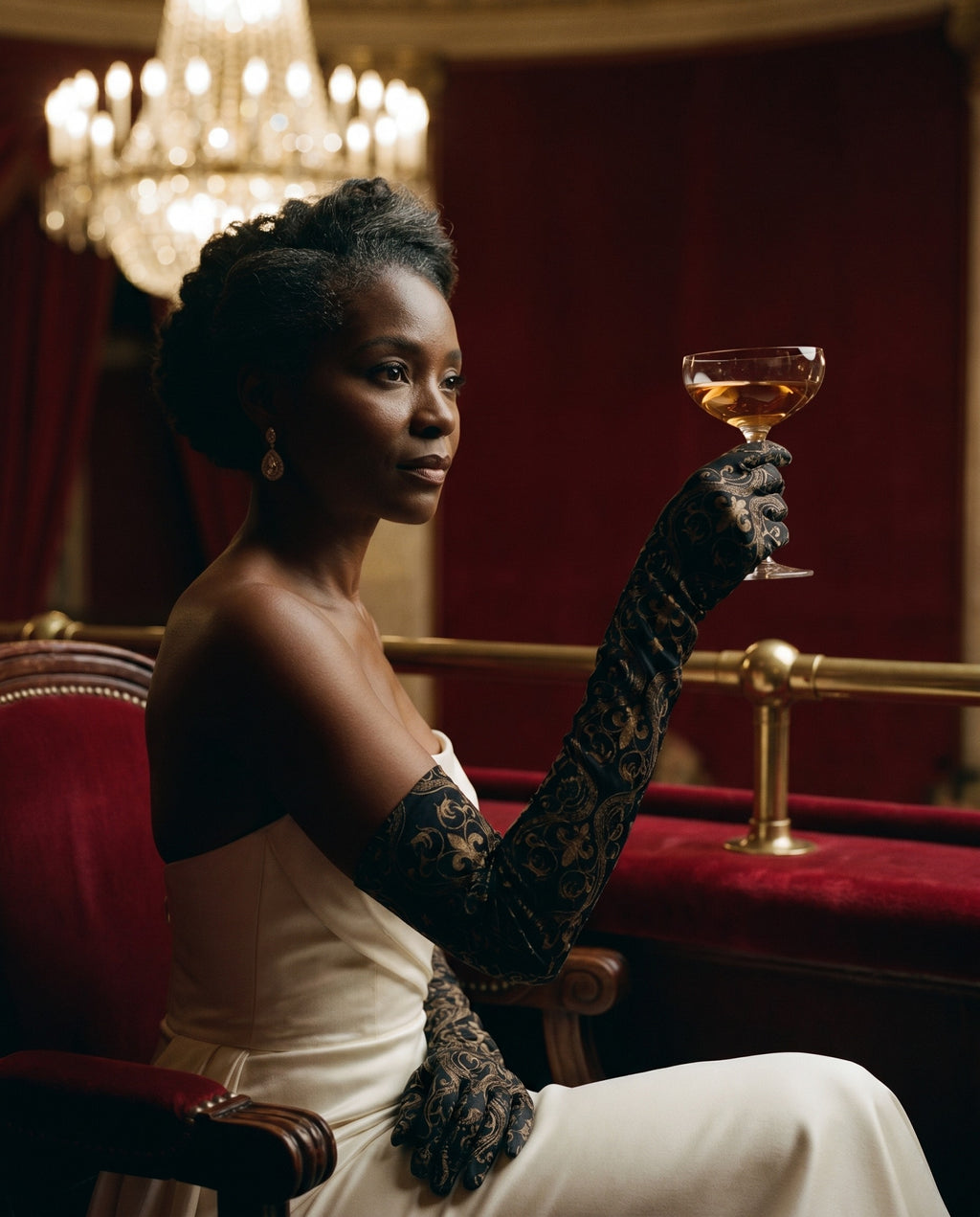 Aristocrate Noir Opera Gloves — on-model editorial in evening setting — elegant silk satin — Hoboken atelier