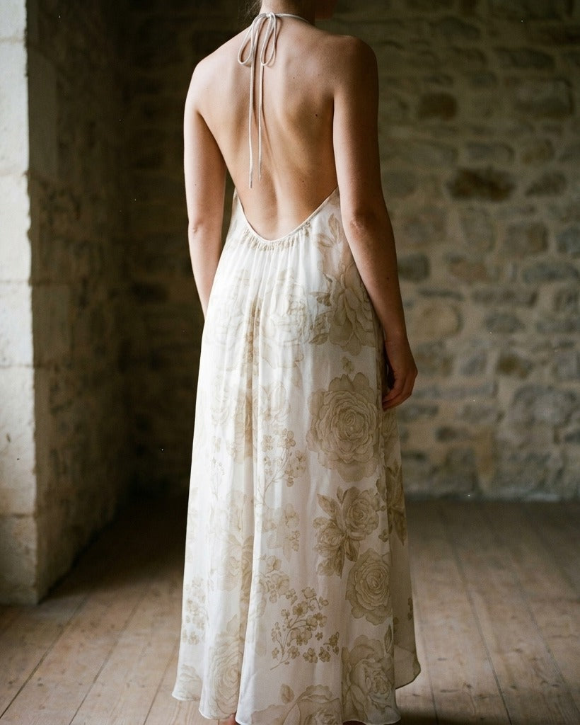 La Promise — Ivory Heirloom Slip Dress — on-model editorial in studio — elegant silk satin — Hoboken atelier
