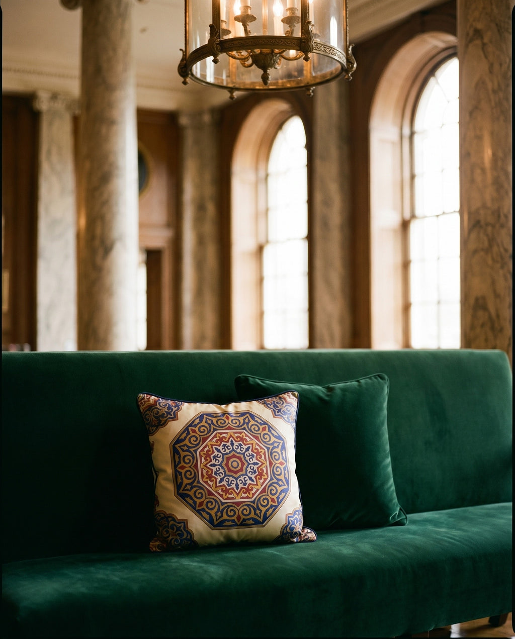 Coussin Médaillon Persan — on-model editorial on linen — elegant silk satin cushion — Hoboken atelier