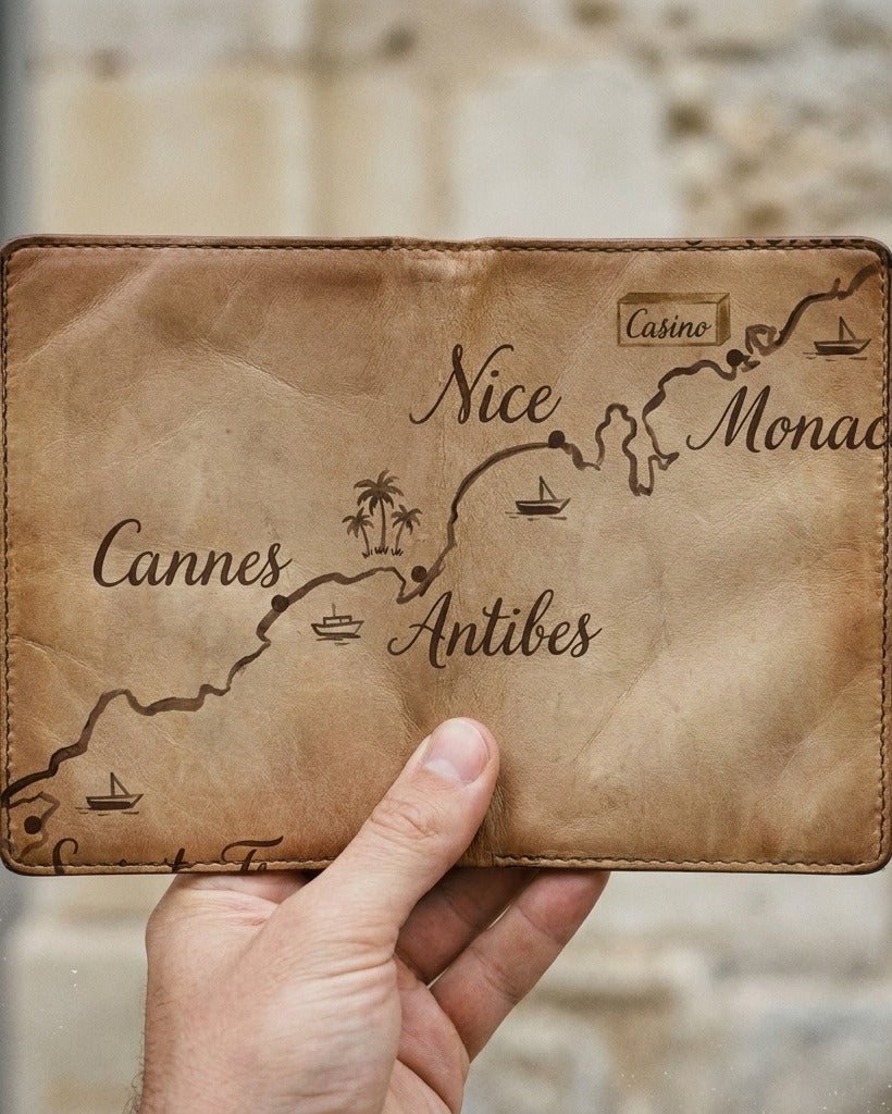Carnet Côte d'Azur — on-model editorial in a travel setting — smooth Italian nappa leather — Hoboken atelier