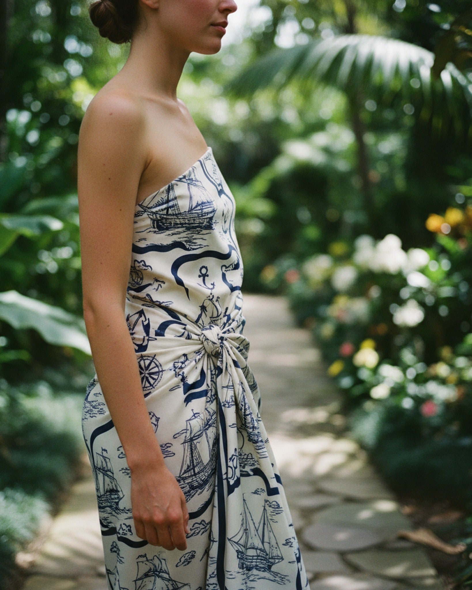 Maritime Toile Marine Silk Sarong — reverse view on light blue — elegant silk satin — Hoboken atelier