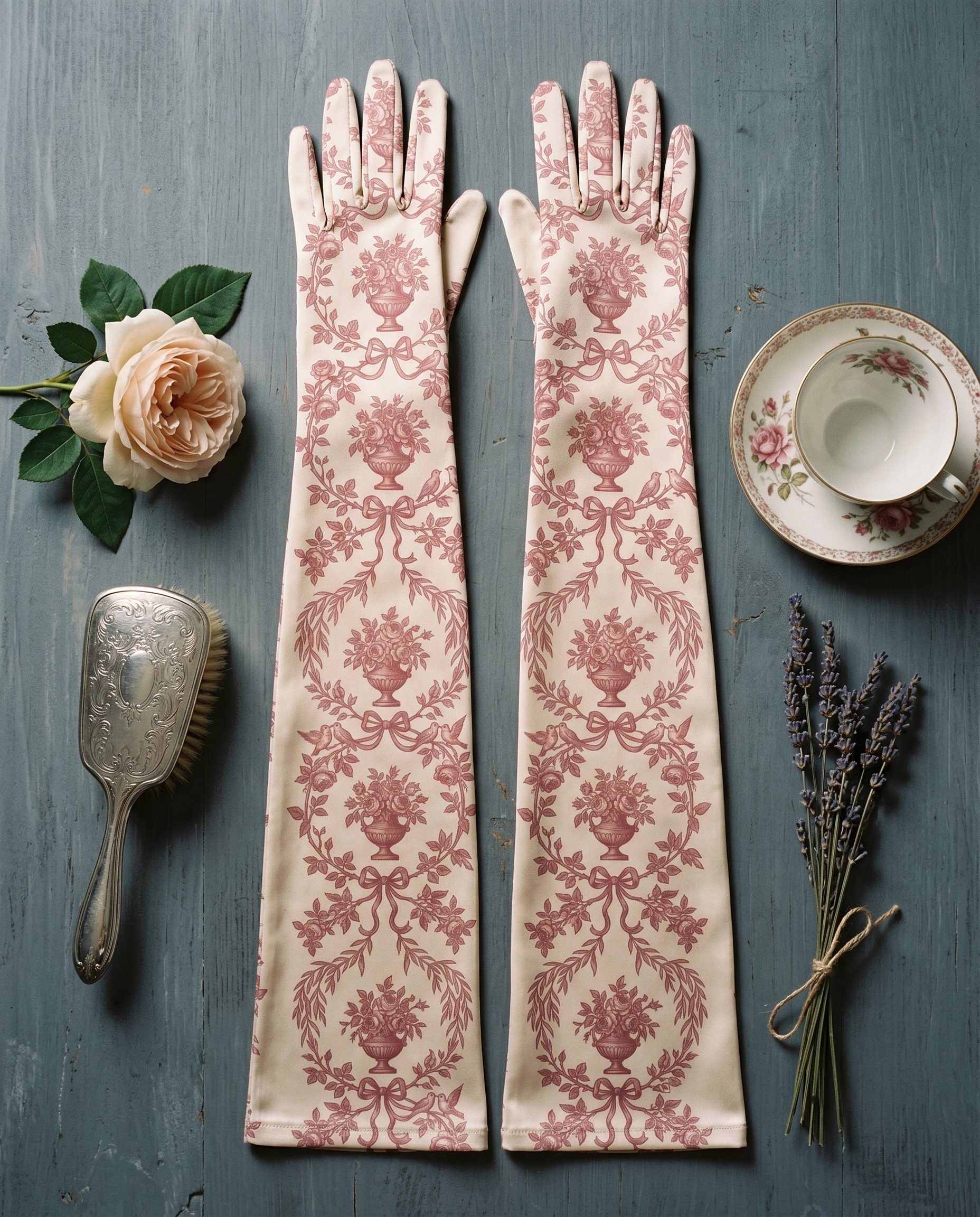 Ballroom Toile Opera Gloves — lifestyle context in an elegant foyer — exquisite mulberry silk — Hoboken atelier