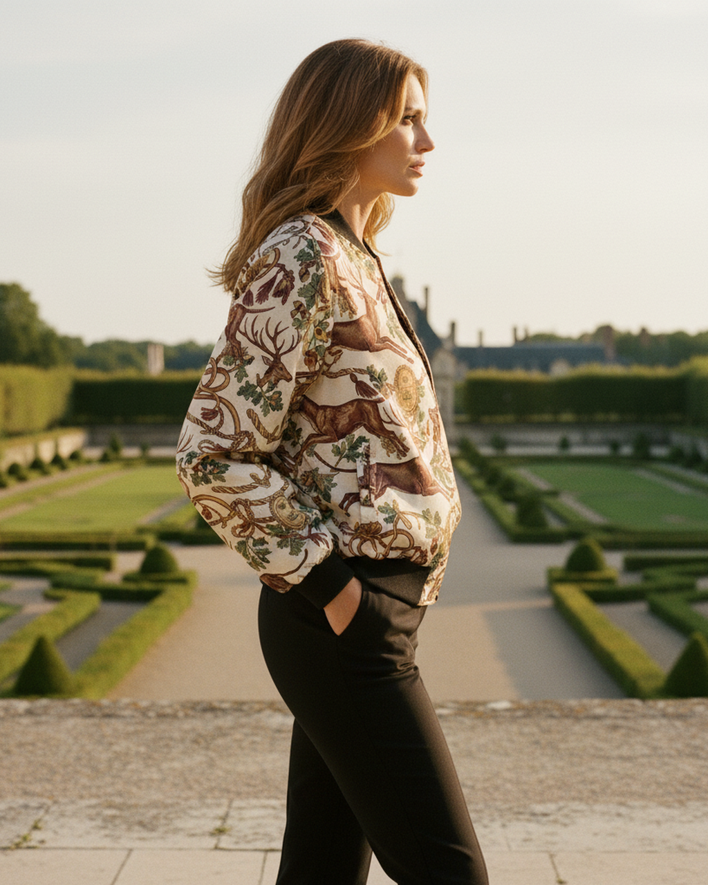 La Chasse Royale Reversible Silk Bomber Jacket — on-model editorial at chateau terrace — opulent silk satin — Hoboken atelier