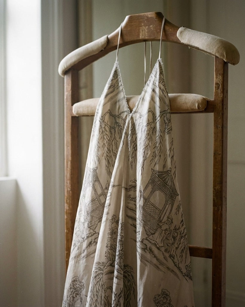 La Demoiselle — Reverse / back view on dove grey — Elegant silk twill — Hoboken atelier