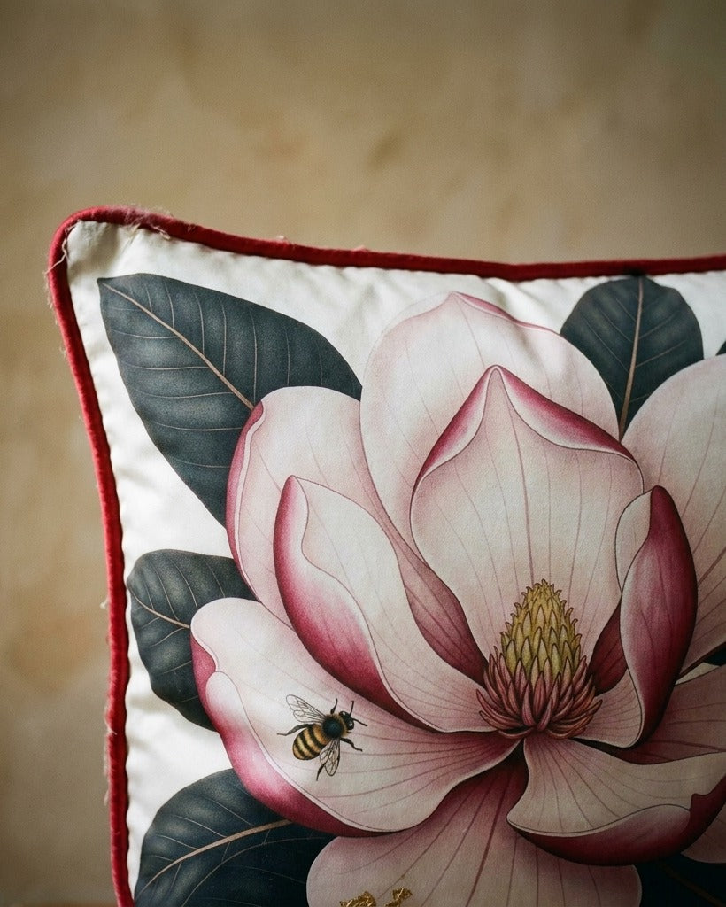 Coussin Magnolia — Reverse view on a pale wood table — Smooth artisanal silk with subtle sheen — Hoboken atelier