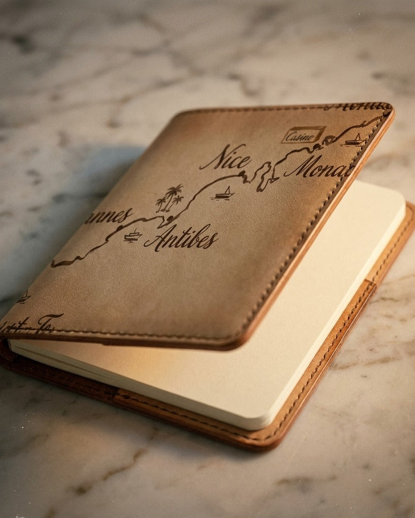 Carnet Côte d'Azur — reverse view on a white surface — premium Italian nappa leather — Hoboken atelier