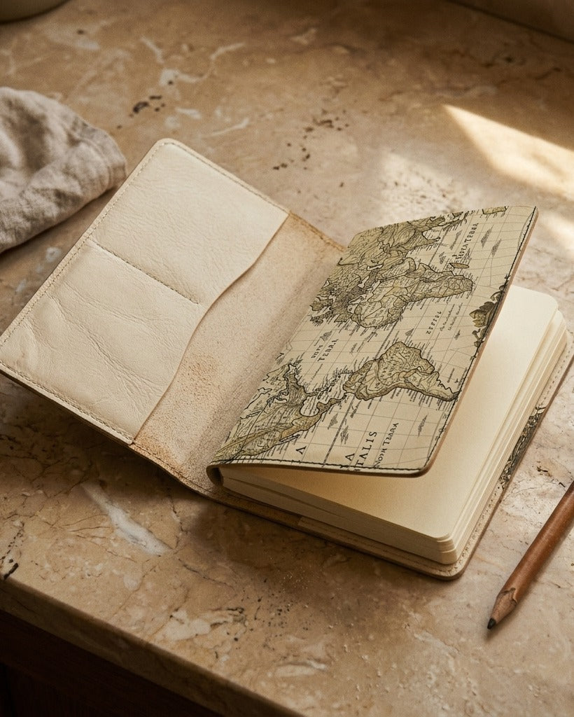 Carnet Mappemonde Mercator — reverse view on a dark background — Italian nappa leather — Hoboken atelier