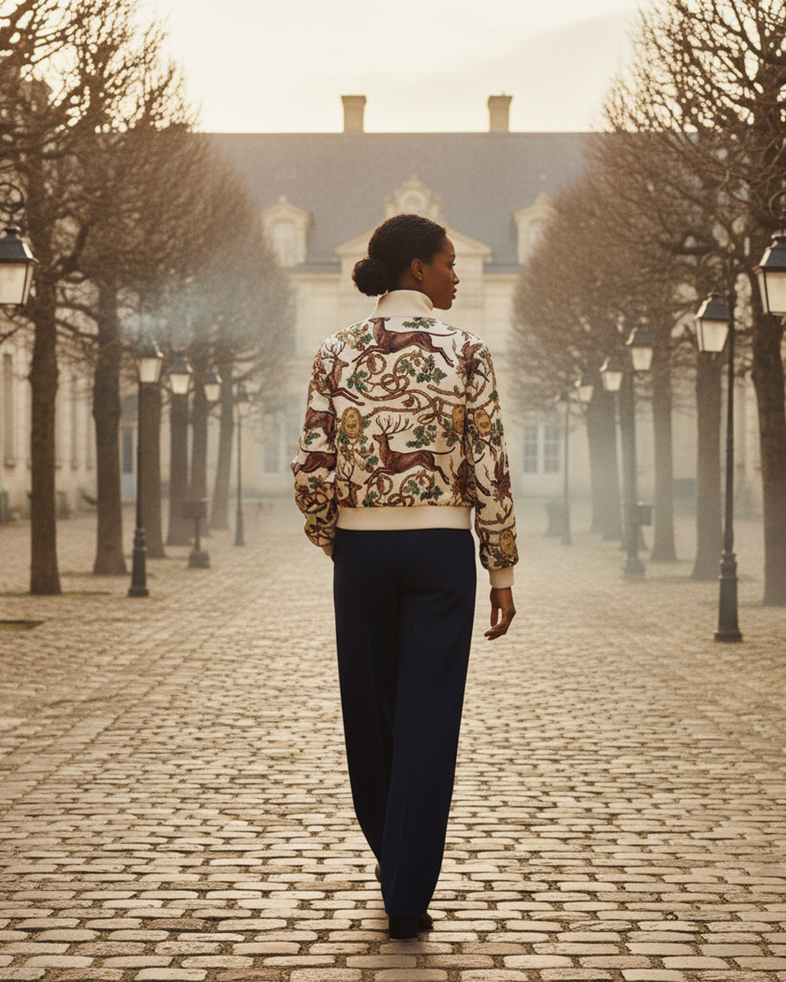 La Chasse Royale Reversible Silk Bomber Jacket — back view on chasse courtyard stone — fine silk twill fabric — Hoboken atelier