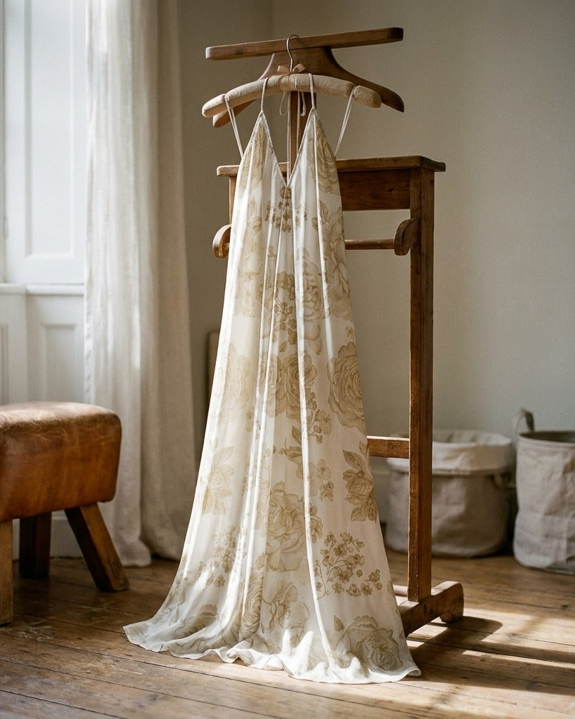 La Promise — Ivory Heirloom Slip Dress — reverse back view on mannequin — flowing silk chiffon — Hoboken atelier
