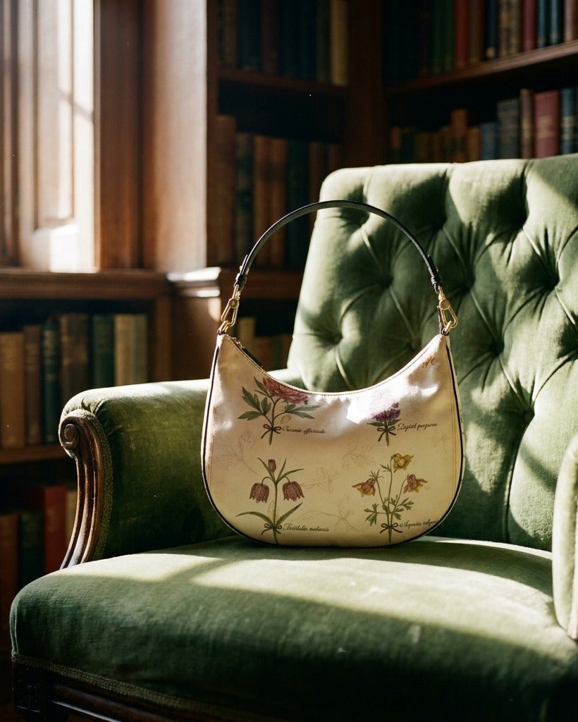 Le Demi-Lune in Herbier Royal — reverse back view on soft white — floral motif silk satin accessory — Hoboken atelier