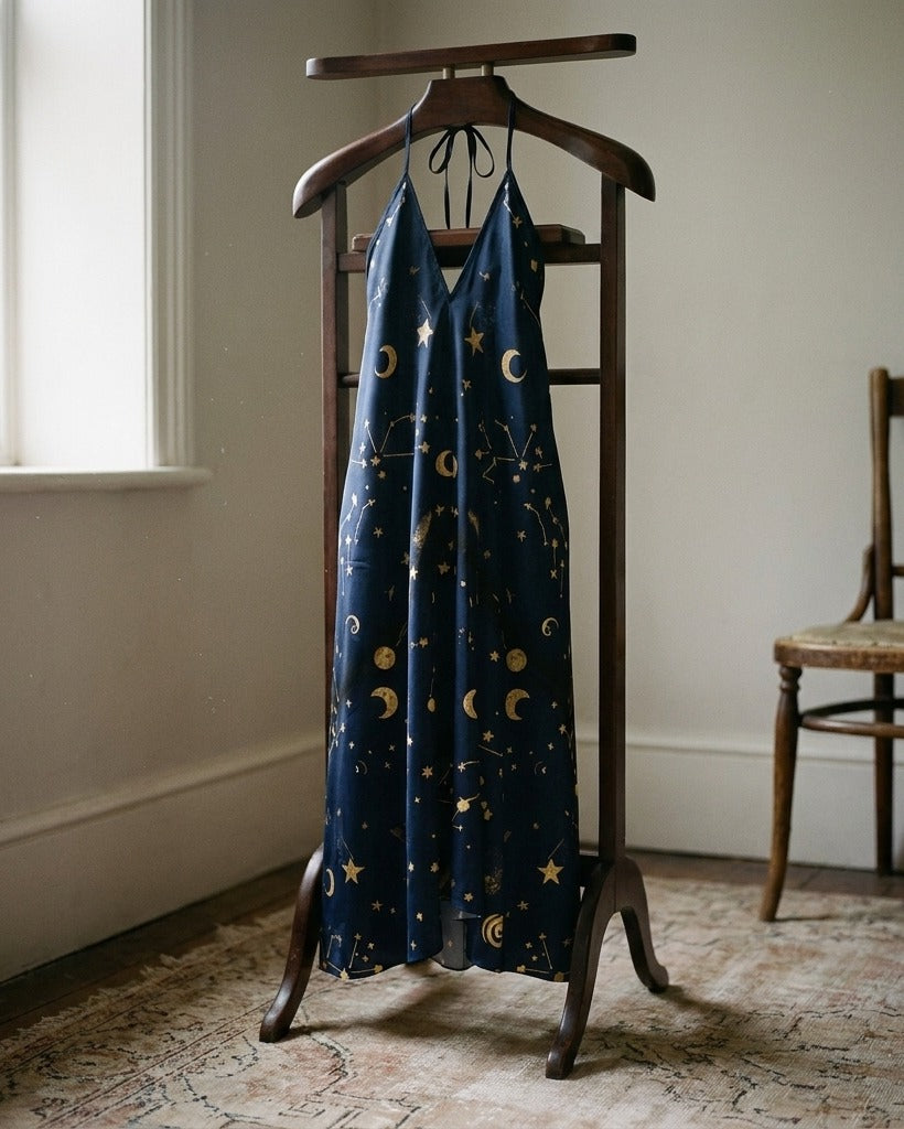 La Soirée — Constellation Reception Slip — reverse / back view in dark setting — opulent bias cut silk satin — Hoboken atelier