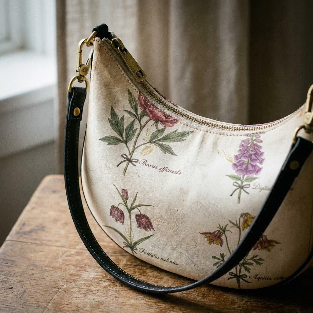 Le Demi-Lune in Herbier Royal — drape in motion on light grey — herbarium print silk chiffon bag — Hoboken atelier