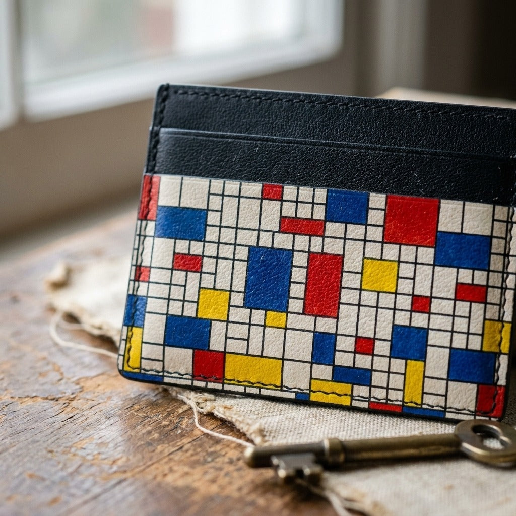 Carte Bauhaus Primaires — drape in motion against white — heritage craft leather card holder — Hoboken atelier