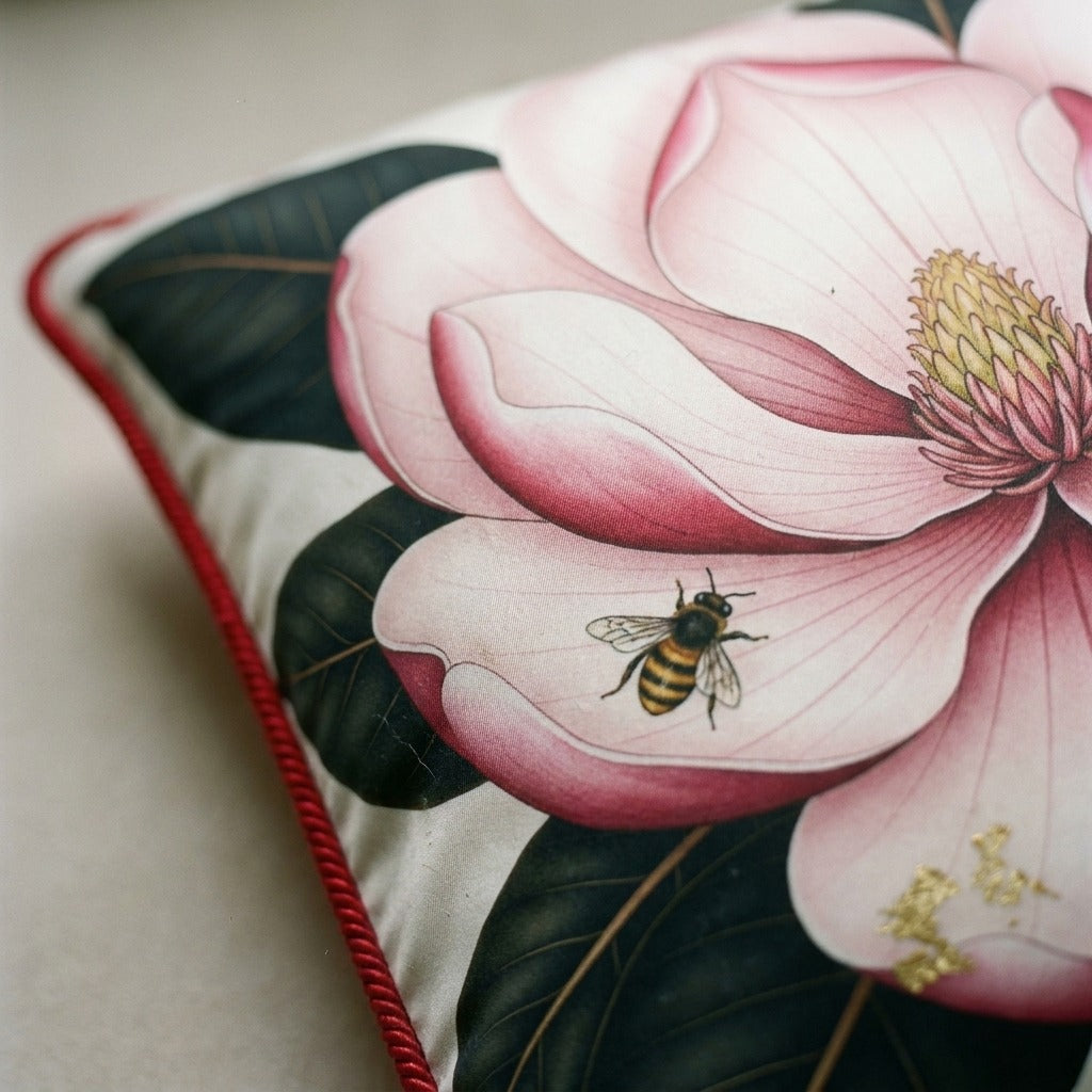 Coussin Magnolia — Drape in motion against an airy backdrop — Flowing silk chiffon with elegant print — Hoboken atelier