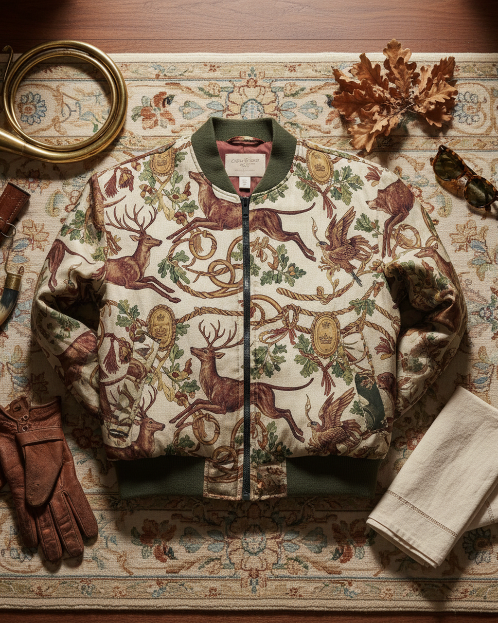 La Chasse Royale Reversible Silk Bomber Jacket — drape in motion on Aubusson tapestry — soft silk charmeuse fabric — Hoboken atelier
