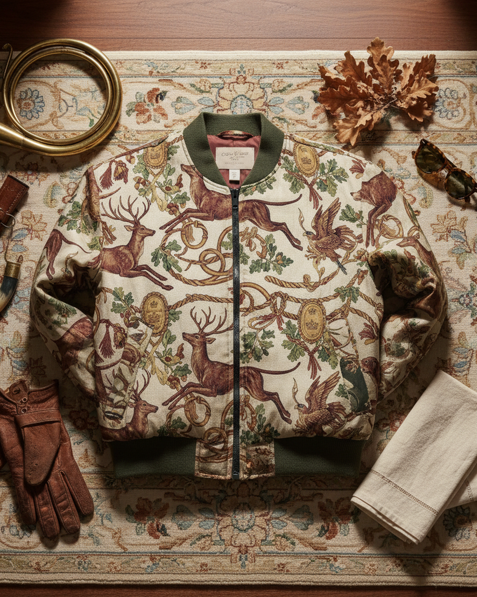 La Chasse Royale Reversible Silk Bomber Jacket — drape in motion on Aubusson tapestry — soft silk charmeuse fabric — Hoboken atelier