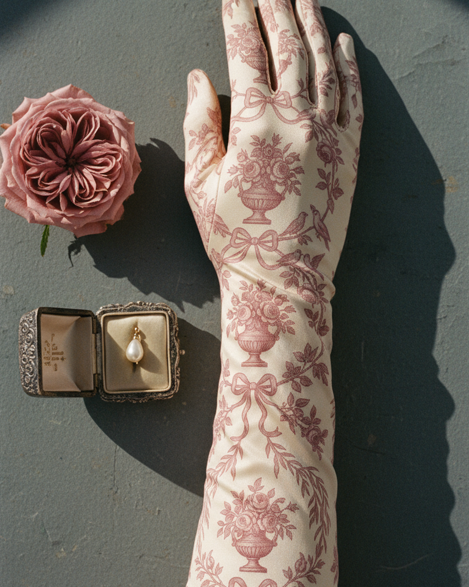 Ballroom Toile Opera Gloves — editorial styled view on an antique table — lustrous silk satin — Hoboken atelier