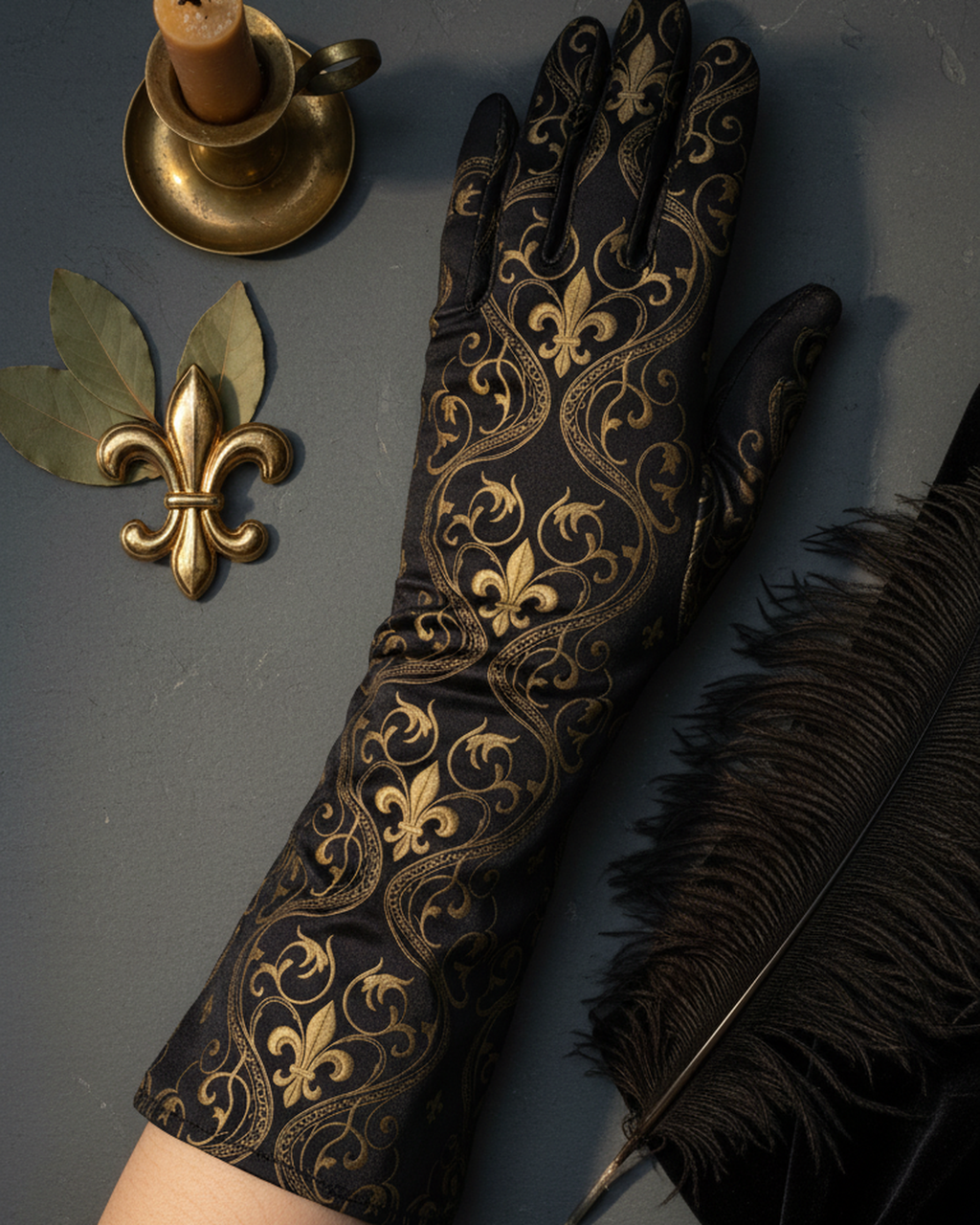 Aristocrate Noir Opera Gloves — editorial styled view on model — luxurious silk satin — Hoboken atelier